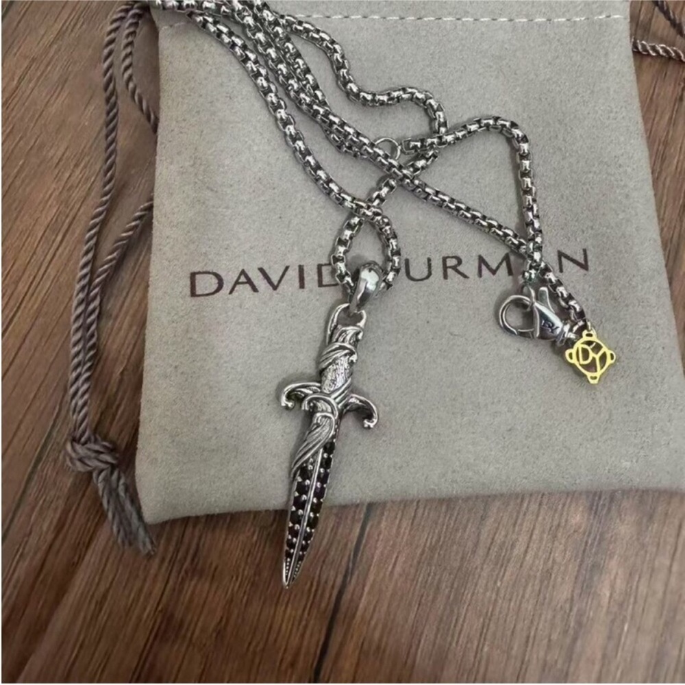 David Yurman Sterling Silver Dagger Pendant Necklace with Black Accents